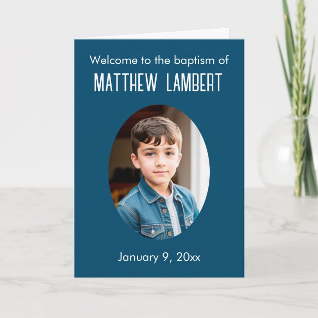 Mörk blått foto-frontens-polka-prickad baptism program (Framsida)