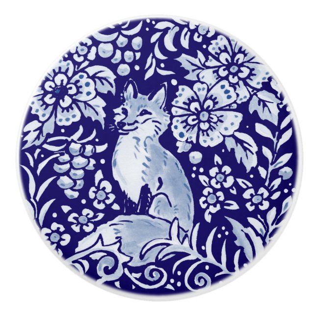 Mörk blått Fox Woodland Animal Blommigt Cobalt Nav Knopp (Framsidan)