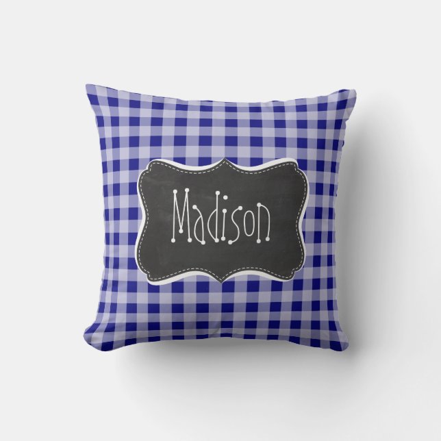 Mörk blått Gingham; Vintage Chalkboard-utseende Kudde (Framsida)