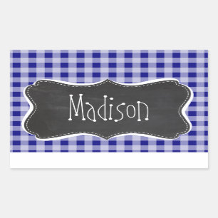 Mörk blått Gingham; Vintage Chalkboard-utseende Rektangulärt Klistermärke