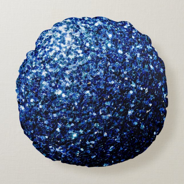 Mörk blått glänsande faux glitter-sparkler rund kudde (Framsidan)