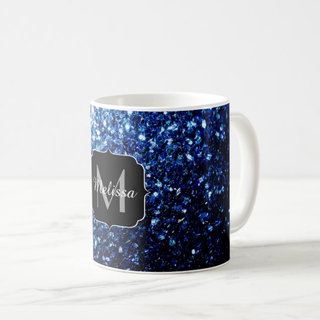 Mörk blått, glansig faux glitter gnistra Monogram Kaffemugg (Framsida höger)