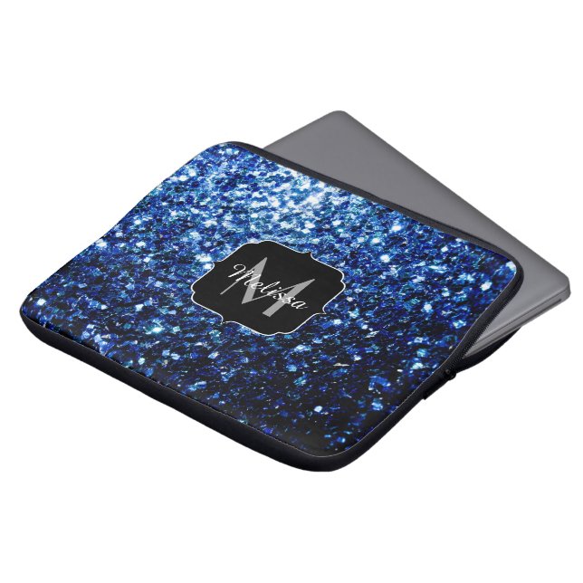 Mörk blått, glansig faux glitter gnistra Monogram Laptop Sleeve (Framsida topp)