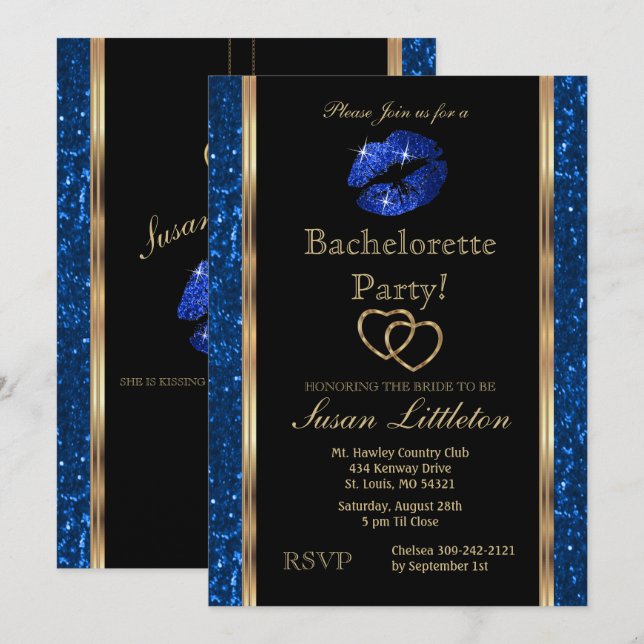 Mörk blått Glitter Läppar Bachelorette Party Inbjudningar (Fram/baksida)