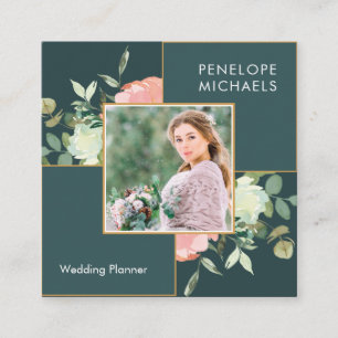 Mörk blått Grönt med Blommigt Bouquet-foto Fyrkantigt Visitkort