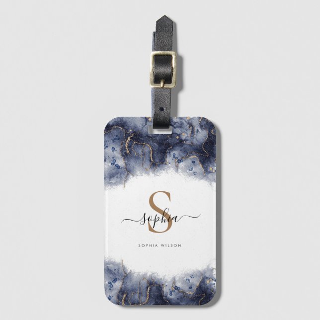 Mörk blått Guld Agate Geode Monogram-skript Bagagebricka (Framsida vertikal)