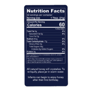 mörk blått honung Burk Nutrition Facts Fraktsedel
