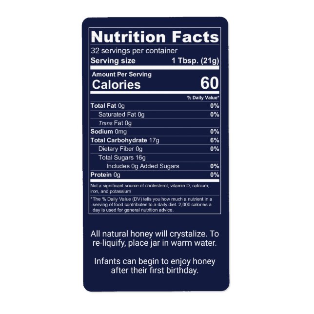 Mörk blått honung Burk Nutrition Facts Fraktsedel (Framsidan)