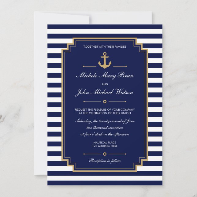 Mörk blått inbjudan till snyggt Nautical Wedding (Framsida)