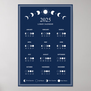 mörk blått kalender för 2025 i Måne Phase Lunar Cy Poster