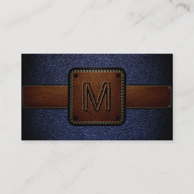 Mörk blått läderutseende Brown Monogram Visitkort (Framsida)