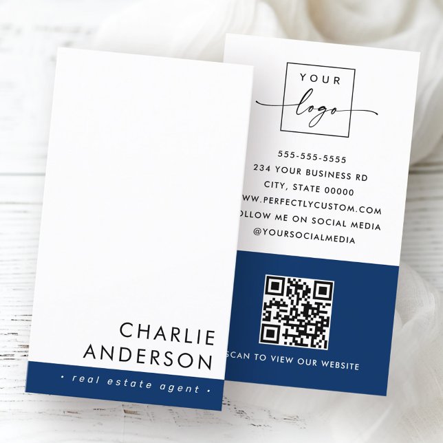 Mörk blått,  lodrät med lägsta QR-kod Visitkort (Modern minimal QR code dark blue white vertical Business Card)