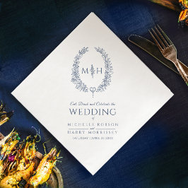 Mörk blått löv, ovala, utandningsmonogram, bröllop pappersservett