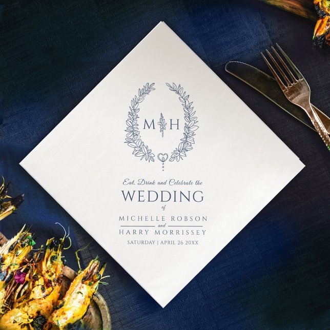 Mörk blått löv, ovala, utandningsmonogram, bröllop pappersservett (Skapare uppladdad)