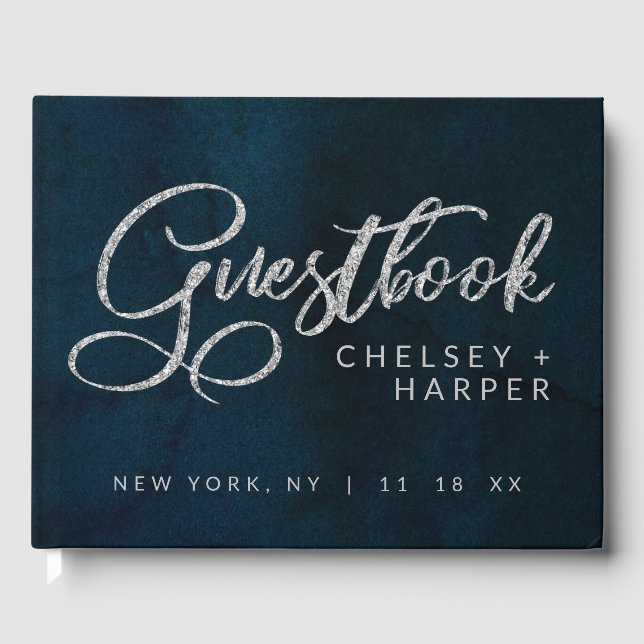 Mörk blått Luster Silver Watercolor Bröllop Gästböcker (Framsida)