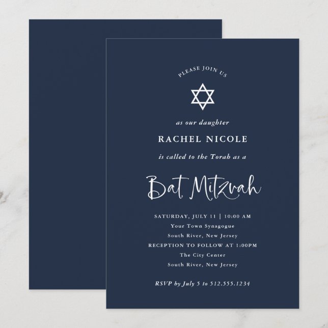 mörk blått med vit kalligrafi | Bat mitzvah Inbjudningar (Fram/baksida)