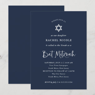 mörk blått med vit kalligrafi Bat mitzvah Inbjudningar