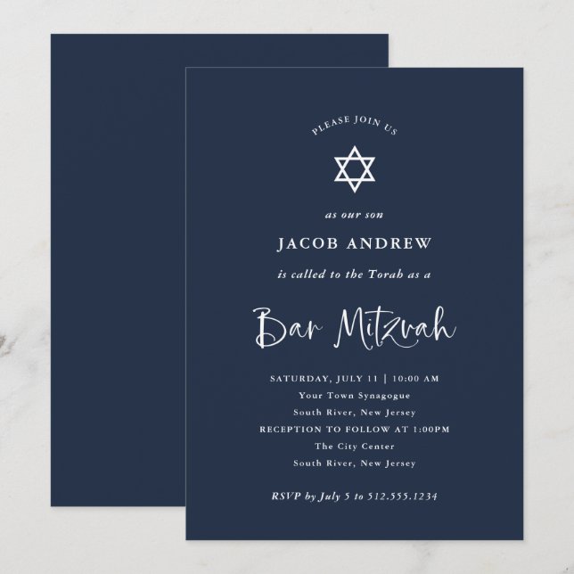mörk blått med vit kalligrafi | Pub Mitzvah Inbjudningar (Fram/baksida)