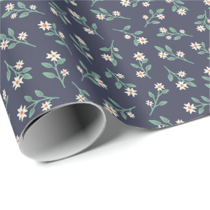 Mörk blått med Vit och Grönt Blommönster Figursätt Presentpapper