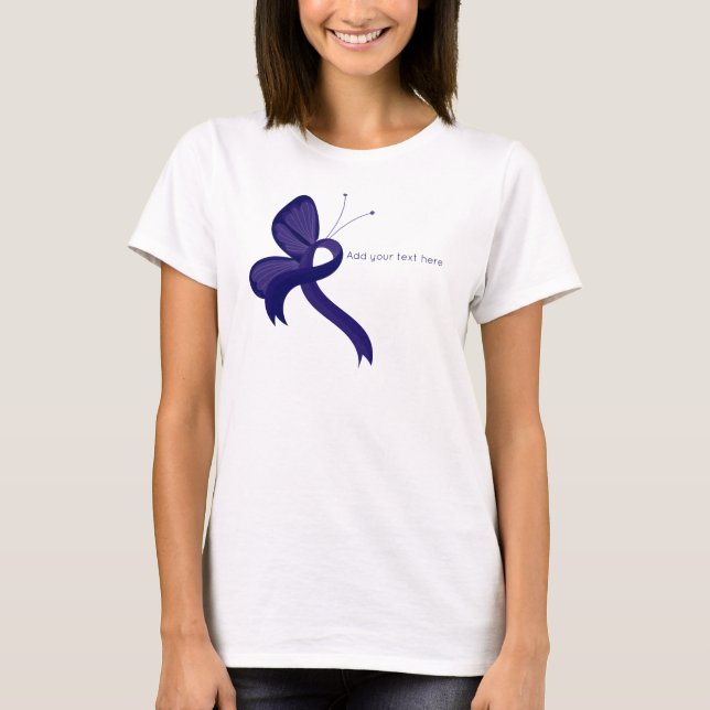 Mörk blått medvetenhet Ribbon Butterfly T-Shirt (Framsida)