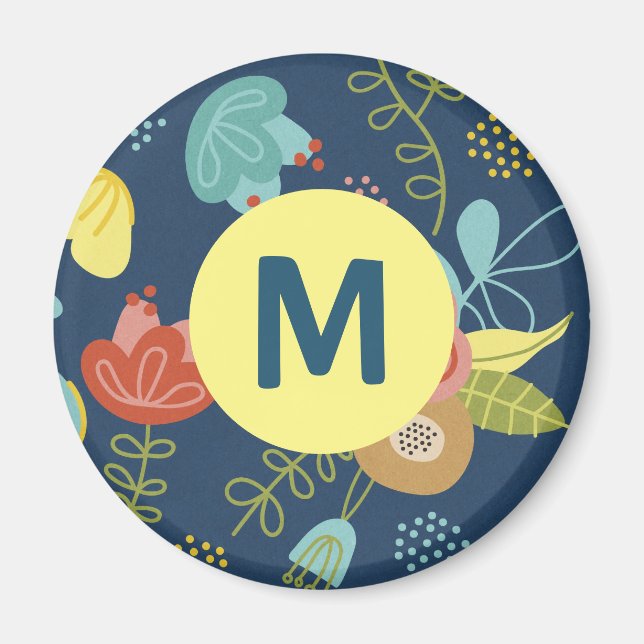Mörk blått monogram för färgat Blommönster Magnet (Framsidan)
