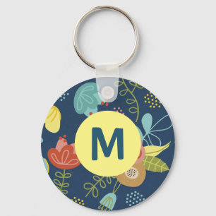 Mörk blått monogram för färgat Blommönster Nyckelring