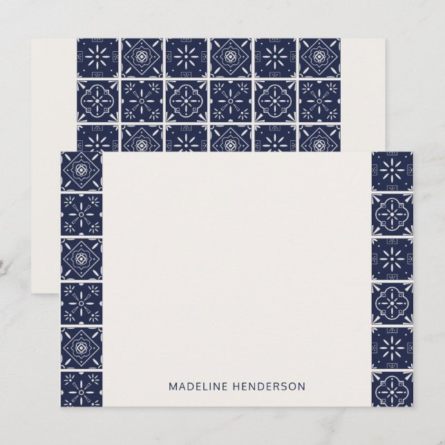 Mörk blått monogram för geometriska medelhavsbrick anteckningskort (Fram/baksida)