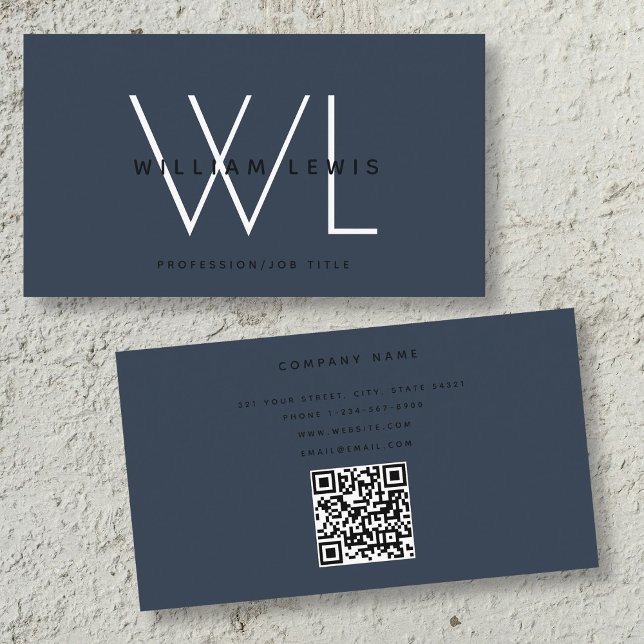 Mörk blått monogram modern, minimalistisk QR-kod Visitkort (Dark Blue Monogram Modern Minimalist QR Code Business Card)