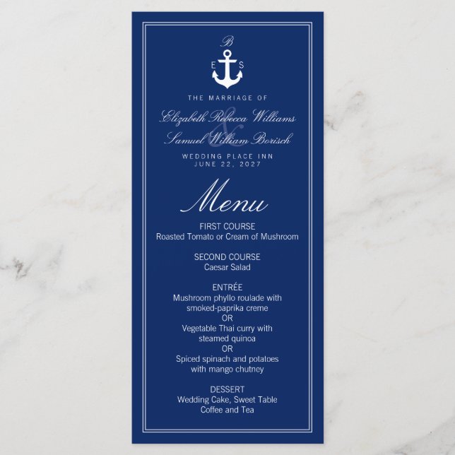 Mörk blått Nautical Monogram Anchor Bröllop Menu Meny (Framsida)