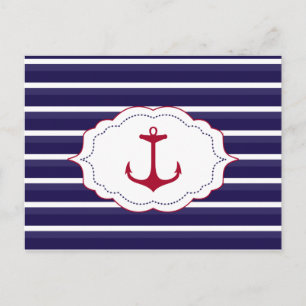 Mörk blått Nautisk vit Rand Red Anchor Vykort