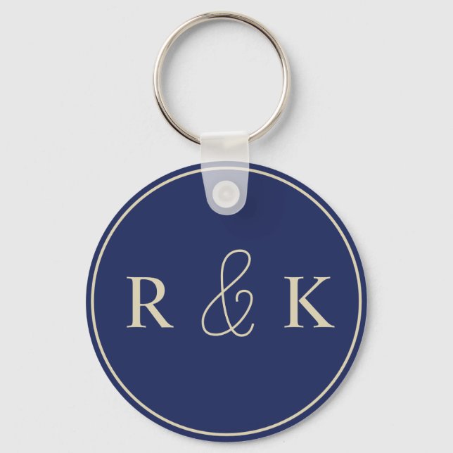 Mörk blått och Beige Monogrammed Nyckelring (Framsida)