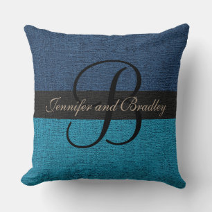 Mörk blått och blå Elegant Monogram Bröllop Kudde