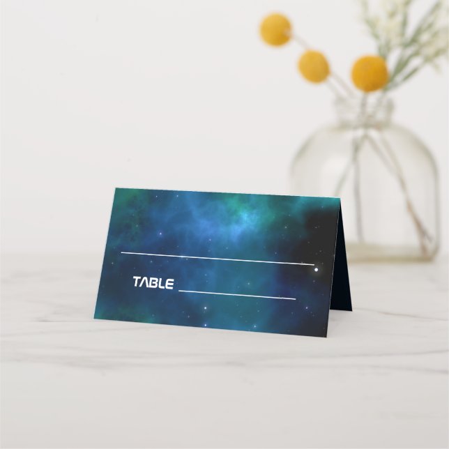 Mörk blått och Grönt Galaxy Bröllop Placeringskort (Framsida)