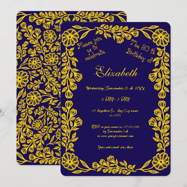 Mörk blått och Guld Botaniska Blommigten 30års föd Inbjudningar (Fram/baksida)