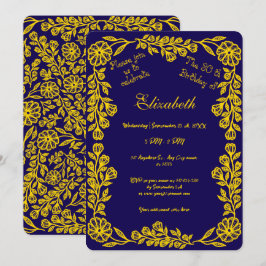Mörk blått och Guld Botaniska Blommigten 30års föd Inbjudningar
