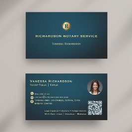 Mörk blått och Guld monogram Sleek Notary QR Photo Visitkort