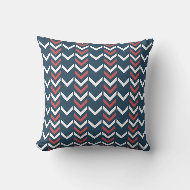 Mörk blått och röd geometrisk Chevron Mönster Kudde (Framsida)
