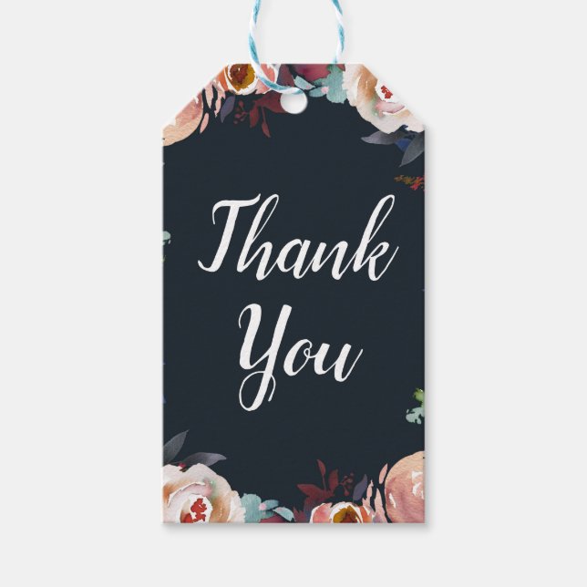 Mörk blått och  Rosa Vattenfärgen Blommigt Bröllop Presentetikett (Framsidan)