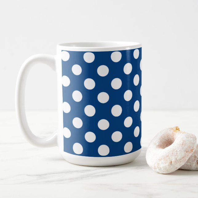 Mörk blått och stora vita Polka dots Kaffemugg (Med munk)