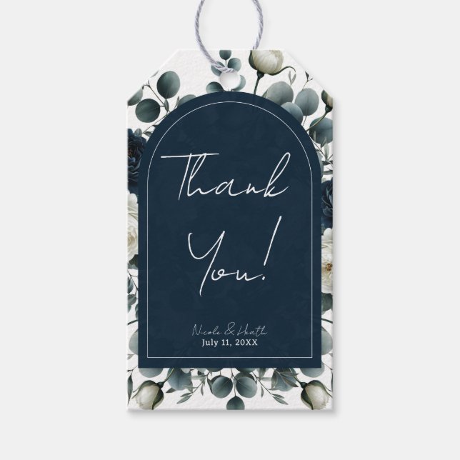 Mörk blått och vit modern Blommigt Greenery Bröllo Presentetikett (Framsidan)