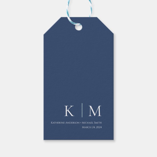 Mörk blått och vit-Monogram-Bröllop Presentetikett (Framsidan)