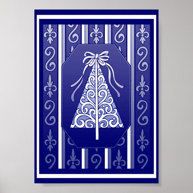 Mörk blått och vita snurra Rand Julgran Poster (Framsidan)