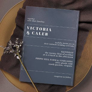 Mörk Blått och vitt Modern Minimal Bröllop Inbjudningar