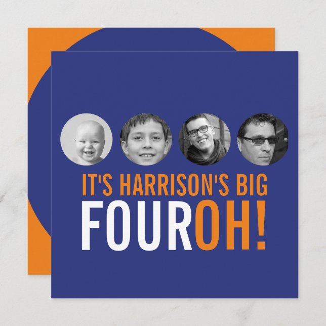 Mörk blått orange 40th FOUROH! fotofödelsedag Inbjudningar (Fram/baksida)