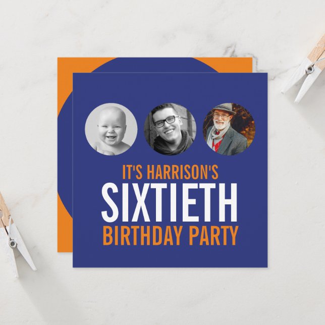 Mörk blått orange 60:e fotofödelsedagsinbjudan inbjudningar (Fram/Back In Situ)