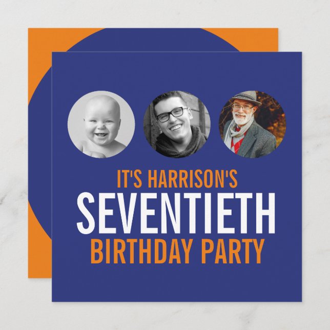 Mörk blått orange 70:e fotofödelsedagsinbjudan inbjudningar (Fram/baksida)
