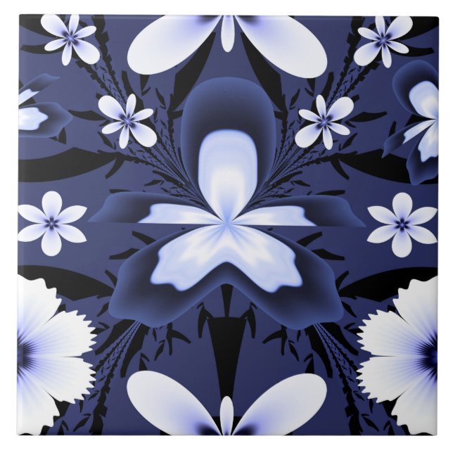 Mörk blått Orchid Elegant Flowers Fractal Mönster Kakelplatta (Framsidan)