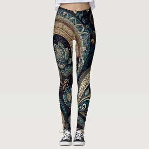 Mörk blått Paisley Mönster Retro Chic Boho Leggings