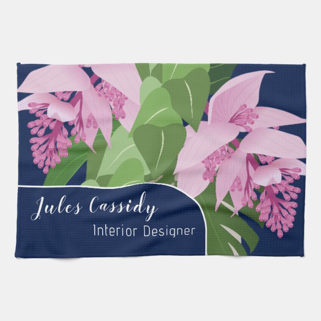 Mörk blått panelen Tropical Medinilla Flower, lägg Kökshandduk (Horisontell)