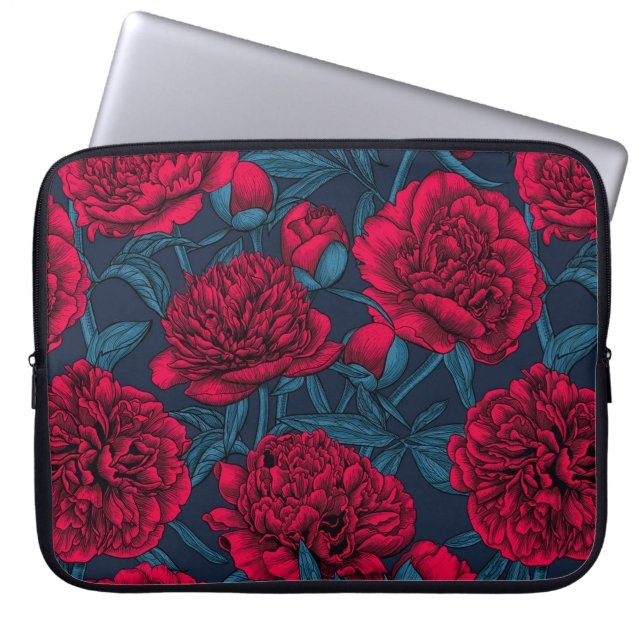Mörk blått peonträdgård laptop fodral (Framsidan)